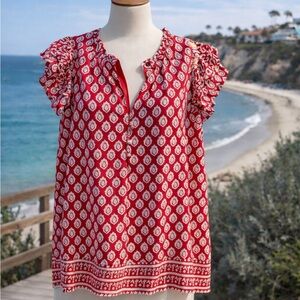 Vineyard Vines Red Medallion Ruffle Sleeve Top – Size Medium – EUC